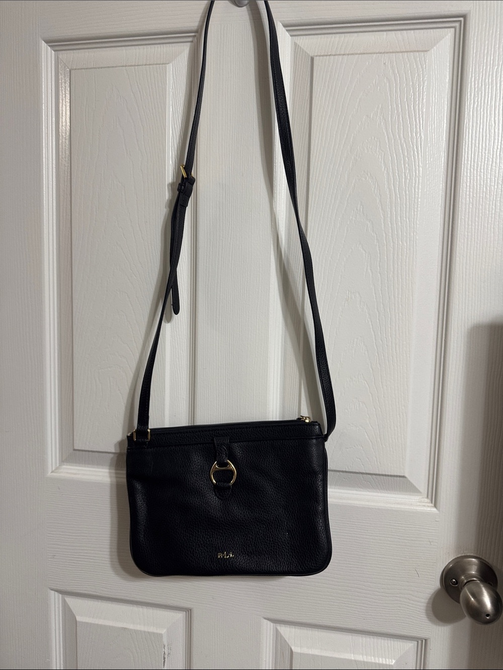 Ralph Lauren Black Leather Crossbody Bag with Gold Ring Accent